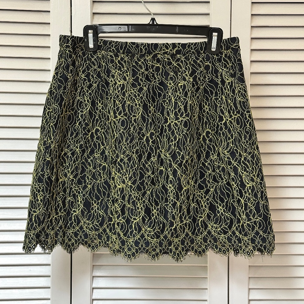 J. Crew Lace A-Line Mini Skirt Black Neon Green Lined Size 8